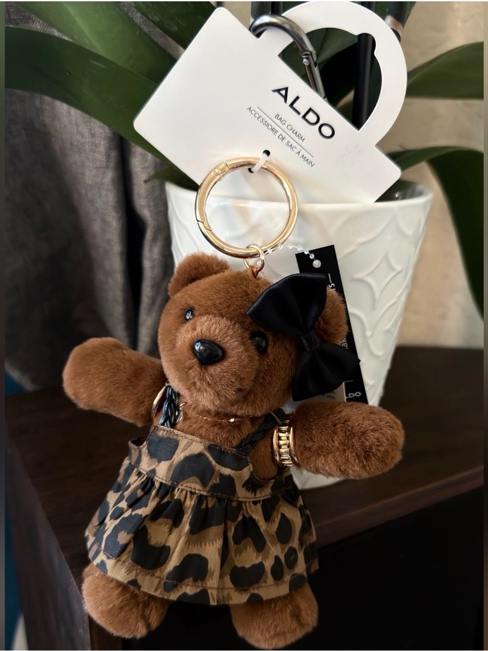 ALDO Brown Plush Bear Bag Charm with Leopard Dress & Black Bow